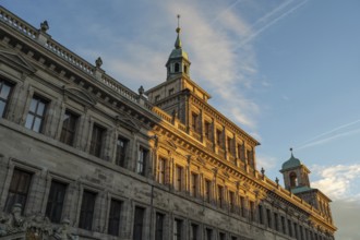 Detailed view of the facade of the historic Wolf Town Hall in the evening light, Nuremberg, Middle