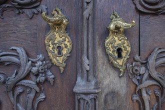 Historic door locks on an entrance gate, Passau, Lower Bavaria, Bavaria, Germany, Europe