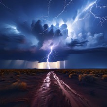 Lightning strike illuminates the night sky in the great victoria desert, AI generated