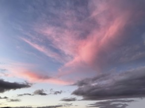 Above Altostratus Cirrus clouds are illuminated pink by the setting sun, below grey Altostratus