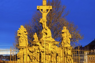 Crucifixion group at the town hall, historic old town, blue hour, Bamberg, Lower Franconia,