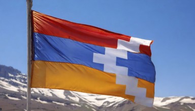 The flag of Nagorno-Karabakh flutters in the wind