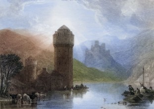 Tower of Niederlahnstein, Germany, Historical, digitally restored reproduction from a 19th century