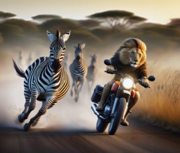 A male lion, a maned lion, chases a zebra on a motorbike in the African savannah, AI generated, AI