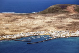 View from the Mirador del Río viewpoint, designed by artist César Manrique, of the harbour on the