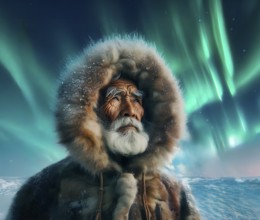 Portrait of an old man of the Eskimo, the indigenous Inuit in fur clothing in the polar night, AI