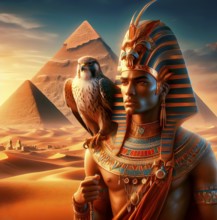 Portrait of an Egyptian pharaoh with a falcon on his shoulder in front of the pyramids, symbolic