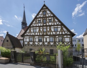 Historic half-timbered house with garden, Forchheim, Upper Franconia, Bavaria, Germany, Europe