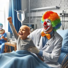 A clown, a hospital clown, in mask, red nose and costume with a sick child in the hospital and