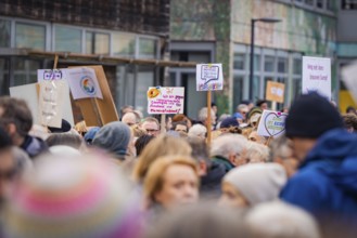 Demonstrators with colourful signs representing different opinions, demonstration against the