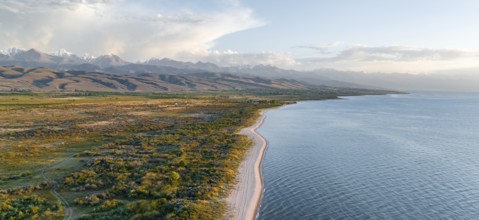 Aerial view, landscape at Lake Issyk Kul, Kyrgyzstan, Asia