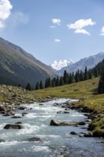 River and mountains in the mountain valley near Altyn Arashan, Kyrgyzstan, Asia