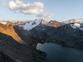 Evening mood, mountain panorama, aerial view, 4000 metre peak with glacier, mountain pass and