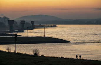 Rhine at Duisburg-Bruckhausen, towers of the water extraction facilities of ThyssenKrupp Steel