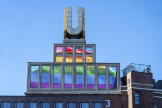 The Dortmunder U, art museum, former brewery, video screens with the rainbow flag, solidarity