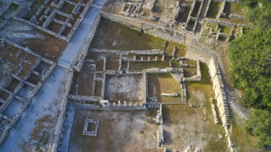 Drone shot, first morning light, Ancient ruins of an archaeological site in daylight with