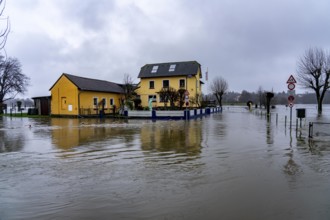 Flood on the Ruhr, here near Hattingen, buildings at a flooded campsite, completely surrounded by