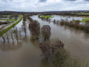 Flood on the Ruhr, near Mülheim, after days of continuous rain, North Rhine-Westphalia, Germany,