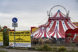 Circus Paul bush, shut down during the second corona lockdown, in Oberhausen, with posters pointing