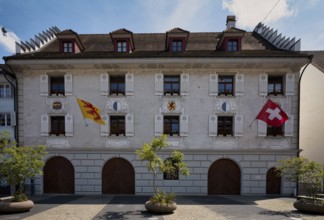 Residential building, Hauptgasse, flagged, flags, national flag, Willisau, Canton of Lucerne,