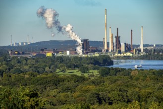 View across the Rhine to the Thyssenkrupp Steel steelworks in Duisburg-Beeckerwerth, blast