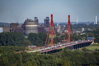 A42 motorway bridge over the Rhine at Duisburg Beeckerwerth, Thyssenkrupp Steel steelworks, blast