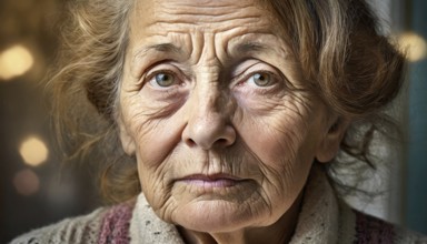 Close-up of the face of an old woman with brown hair and a serious look, AI generated, AI generated