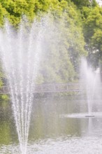 A water fountain sprays high into the air over a calm lake with a green background, Stadtpark Kleb,