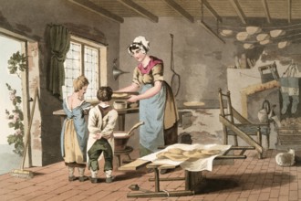 Scene from everyday life in England around 1810, woman preparing oat cakes in the kitchen, children