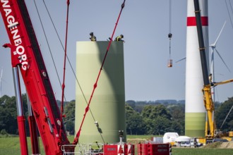 Repowering of a wind farm near Issum, here the dismantling of the tower, 9 older wind turbines from