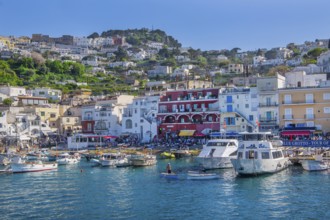 Waterfront at the Marina Grande boat harbour with excursion boats, Capri, Campanian Archipelago,