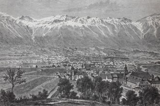 The city of Innsbruck in Austria, in 1880, historical, digital reproduction of an original 19th