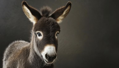 Young donkey, foal, 2 weeks old, portrait in front of dark background