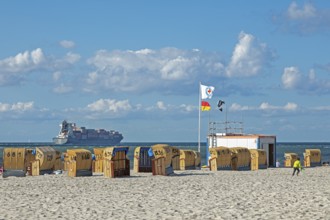 Container ship, beach chairs, beach, Laboe, Schleswig-Holstein, Germany, Europe