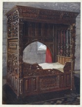 Furniture around the turn of the century 1900, Carved oak bedstead by Jeanne D'Albret, dated 1562