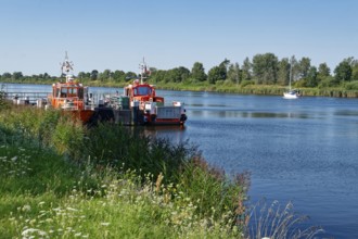 Pilot boats in front of the pilot station on the Kiel Canal. Breiholz, Schleswig-Holstein, Germany,