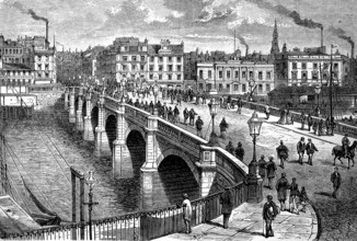 The former Broomielaw Bridge in Glasgow, Scotland in 1880, Historical, digital reproduction of an