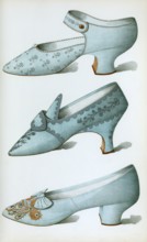 Shoe fashion in 1900, Women's shoes, One strap shoe in French grey satin, and two blue shoes, all