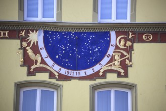 Sundial on the market square of Hammelburg, Lower Franconia, Bavaria, Germany, Europe