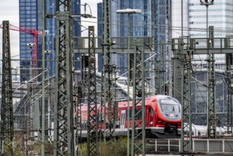 Regional train on the track in front of Frankfurt am Main main station, Skyline, Hesse, Germany,