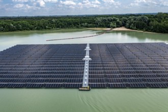 Germany's largest floating solar power plant on the Silbersee III, a quarry pond no longer used for