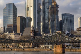 Skyline of the city centre of Frankfurt am Main, river Main, Eiserner Steg bridge, dusk, Hesse,