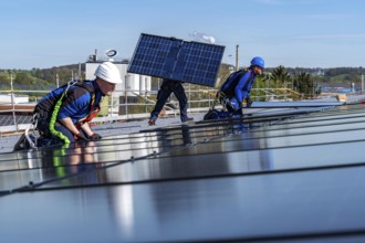 Installation of solar modules on the roof of a commercial enterprise, over 400 photovoltaic modules