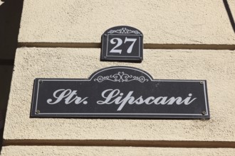 In the centre, street sign, Lipscani Street, Leipziger Street, Bucharest, Romania, Europe