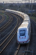 ICE train on the tracks, railway layout, railway line west of the main station of Essen, North