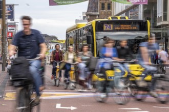 Central cycle path on the Lange Viestraat, in the centre of Utrecht, lanes for pedestrians,