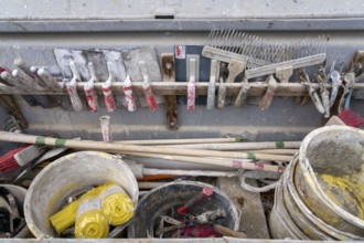 Toolbox of craftsmen, plasterers, bricklayers, drywallers, on a construction site