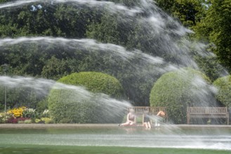 The Grugapark, main entrance, five-jet water fountain, Essen, North Rhine-Westphalia, Germany,