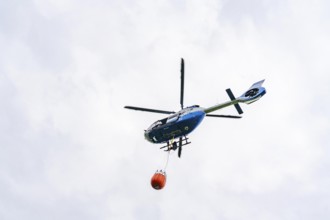 Forest fire fighting exercise of the Essen fire brigade, the water supply was rehearsed over longer