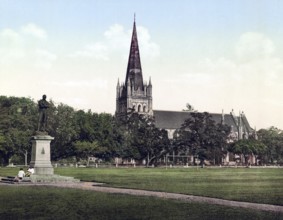 Singapore, St Andrew's Cathedral & Raffles Monument, Historic, digitally restored reproduction from